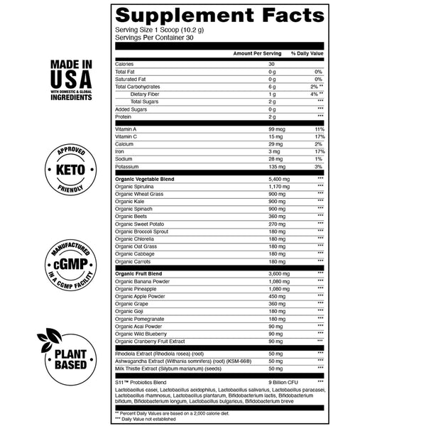 Supplement Facts Jocko Greens 30srv. 20 Essential Superfoods.