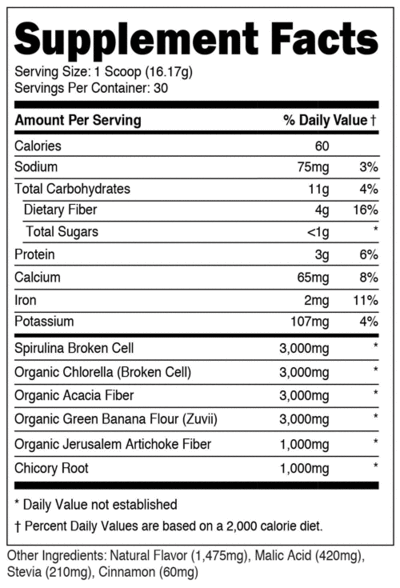 Supplement Facts for Transparent Labs Prebiotic Greens 30srv, aquatic greens + fiber, wellness series