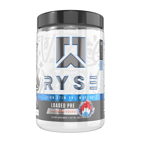 Ryse Loaded Pre 30srv, Freedom Rocks Flavor, natural and artificial flavor, high stim pre-workout
