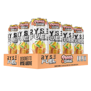 RYSE Fuel Energy Drink in Peach Cooler flavor, featuring 0 calories and 200 mg of natural caffeine per serving, Zero Sugar