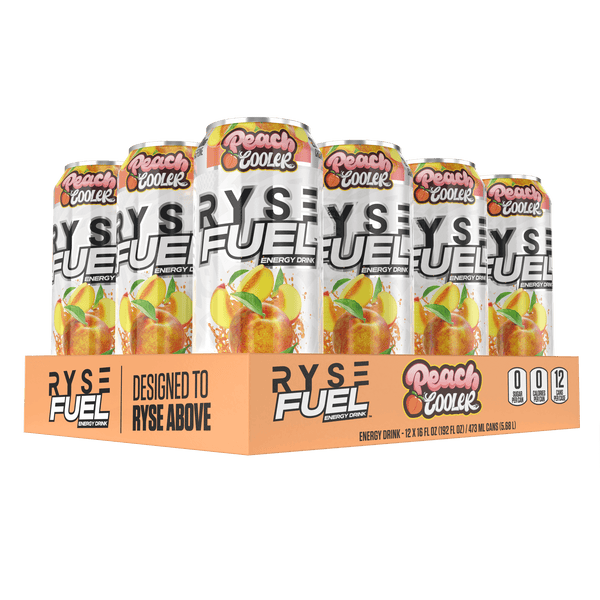 RYSE Fuel Energy Drink in Peach Cooler flavor, featuring 0 calories and 200 mg of natural caffeine per serving, Zero Sugar