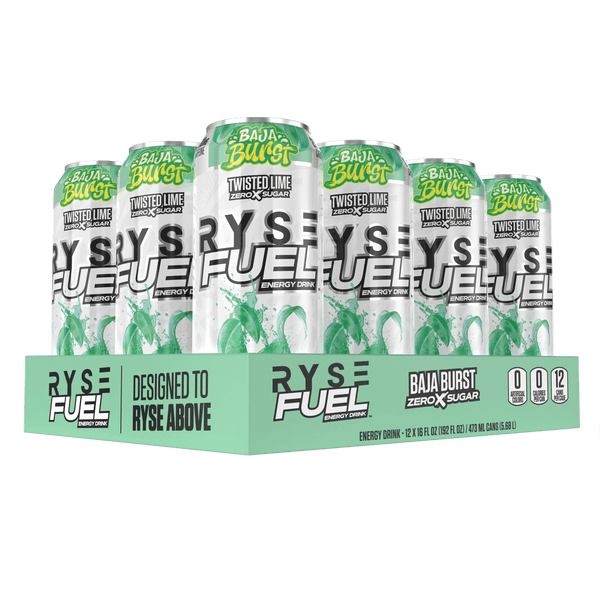 RYSE Fuel Energy Drink in Baja Burst flavor, featuring 0 calories and 200 mg of natural caffeine per serving, Zero Sugar
