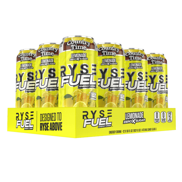 RYSE Fuel Energy Drink in Country Time Lemonade flavor, featuring 0 calories and 200 mg of natural caffeine per serving, Zero Sugar