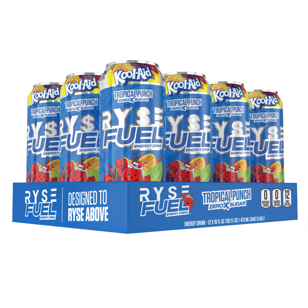 RYSE Fuel Energy Drink in Kool-Aid Tropical Punch flavor, featuring 0 calories and 200 mg of natural caffeine per serving, Zero Sugar