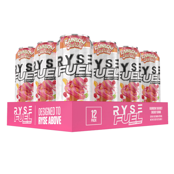 RYSE Fuel Energy Drink in Rainbow Sherbet flavor, featuring 0 calories and 200 mg of natural caffeine per serving, Zero Sugar