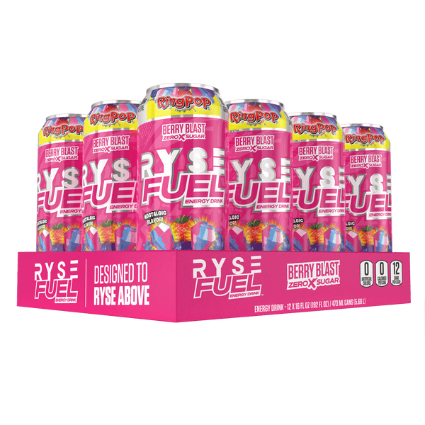 RYSE Fuel Energy Drink in Berry Blast flavor, featuring 0 calories and 200 mg of natural caffeine per serving, Zero Sugar
