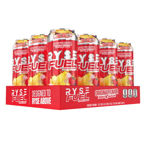RYSE Fuel Energy Drink in Smarties OG Flavor, featuring 0 calories and 200 mg of natural caffeine per serving, Zero Sugar