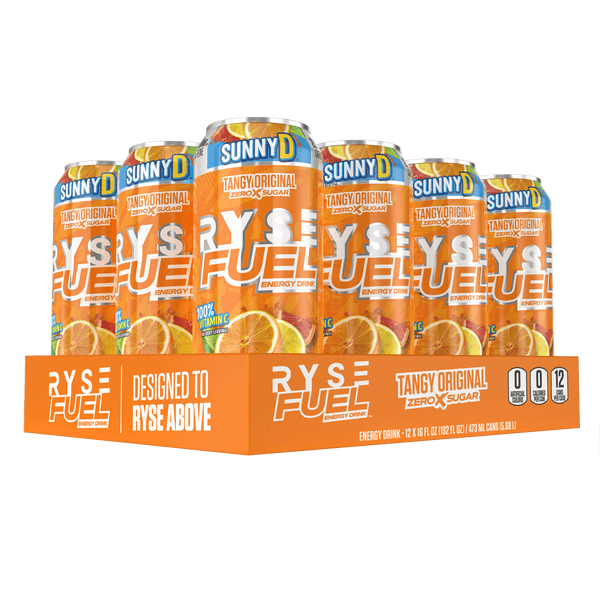 RYSE Fuel Energy Drink in Sunny D Tangy Original flavor, featuring 0 calories and 200 mg of natural caffeine per serving, Zero Sugar