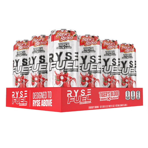 RYSE Fuel Energy Drink in Tigers Blood flavor, featuring 0 calories and 200 mg of natural caffeine per serving, Zero Sugar