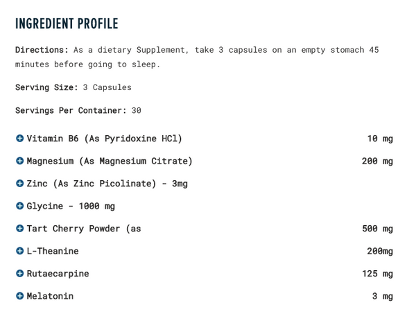 Supplement Facts Transparent Labs Sleep Aid 90caps, sleep and recovery